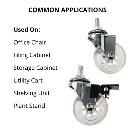 WYZBEN 4 Pack M8 x 15mm Threaded Stem Transparent PU Swivel Wheel Casters with Brakes for Office Chair, Cabinet, Cart, Trolley, Shelving & Furniture
