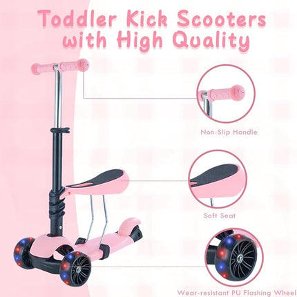 Kids Scooter,Toddler Scooter for Kids 2-5 Years Old,Adjustable Height and Removable Seat,with 3 LED Wheel Outdoor Activities T110