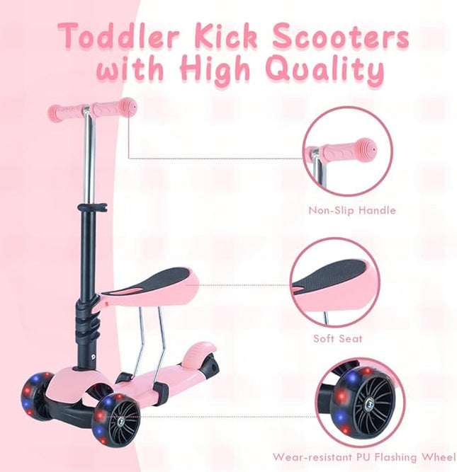 Kids Scooter,Toddler Scooter for Kids 2-5 Years Old,Adjustable Height and Removable Seat,with 3 LED Wheel Outdoor Activities T110