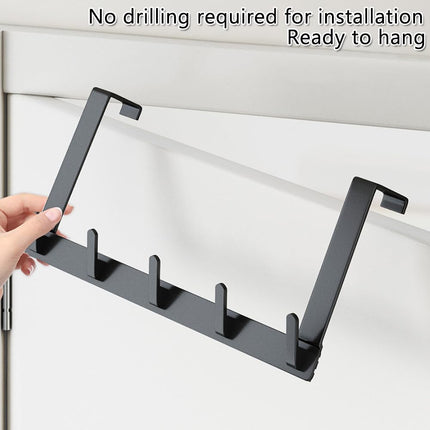 Over The Door Hooks Hanger with Long Arms, Door Hanger with 5 Coat Hooks, Aluminum Towel Holder for Bathroom, Heavy Duty Coat Rack for Hanging Key Clothes Hat Towel Jacket (Black)