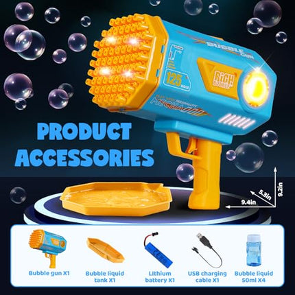 Bubble Machine Gun for Kids Toddlers, Upgraded 125-Hole Bubble Blaster with Bubble Solution & Led, Bubble Bazooka Guns for Wedding Outdoor Party Birthday Beach Toddlers Boys Girls, Blue