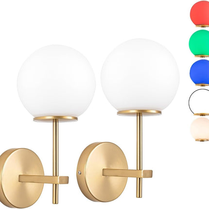 Battery Operated Wall Sconces Set of 2,Not Hard Wired Brass Gold -White Glass Globe Wall Lights, Wireless Lamp Fixture for Bedroom, Living Room, Bathroom, Hallway