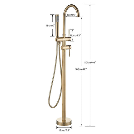 YAGATAP Freestanding Bathtub Faucet Floor Mount Tub Filler Brushed Gold High Flow Shower Faucets with Handheld Shower Mixer Taps Swivel Spout