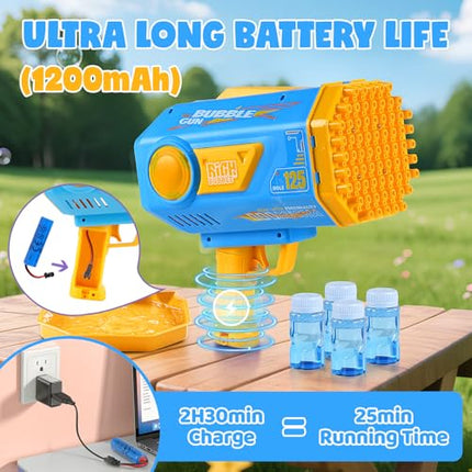 Bubble Machine Gun for Kids Toddlers, Upgraded 125-Hole Bubble Blaster with Bubble Solution & Led, Bubble Bazooka Guns for Wedding Outdoor Party Birthday Beach Toddlers Boys Girls, Blue