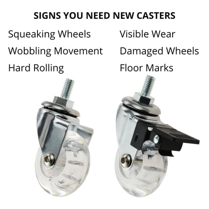 WYZBEN 4 Pack M8 x 15mm Threaded Stem Transparent PU Swivel Wheel Casters with Brakes for Office Chair, Cabinet, Cart, Trolley, Shelving & Furniture