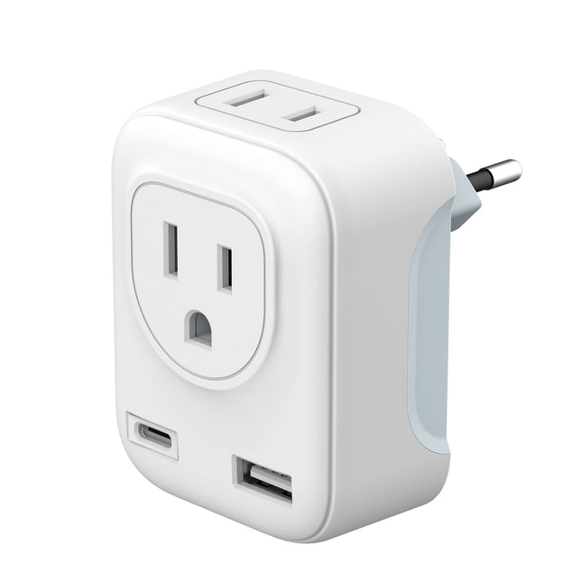 European Travel Plug Adapter, HITRENDS International Plug Adapter with 2 AC Outlets & 1 USB A& 1 USB C, Type C Travel Adapter for Canada US to Most of Europe Portugal Spain France Germany