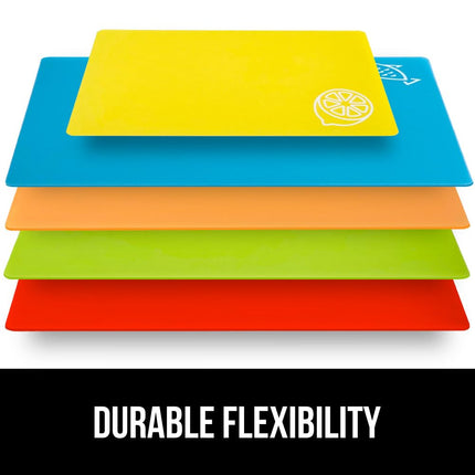 GORILLA GRIP Original Set of 5 Flexible Plastic Cutting Boards, 4 Large Plus Small Board, Gripped Backing, Dishwasher Safe, Non Porous, Multi Color