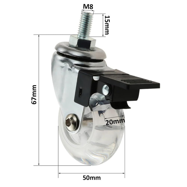 WYZBEN 4 Pack M8 x 15mm Threaded Stem Transparent PU Swivel Wheel Casters with Brakes for Office Chair, Cabinet, Cart, Trolley, Shelving & Furniture