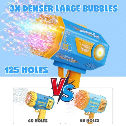 Bubble Machine Gun for Kids Toddlers, Upgraded 125-Hole Bubble Blaster with Bubble Solution & Led, Bubble Bazooka Guns for Wedding Outdoor Party Birthday Beach Toddlers Boys Girls, Blue