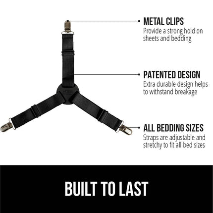 GORILLA GRIP 8-PACK Adjustable Elastic Fasteners with Metal Clips, Keep in Place Fitted Bedding Straps, Black