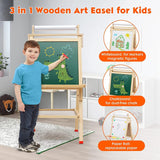 Arkmiido Kids Easel with Paper Roll, Height Adjustable Stand Board, Double-sided Magnetic board, Children Wooden Blackboard with Numbers and Other Accessories Gift for Boys and Ggirls