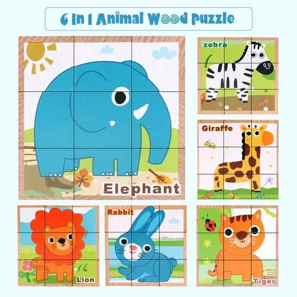 Wooden Puzzles for Kids, 6 in 1 Puzzle Animals 3D Cube Building Block Montessori Games Preschool Educational Toy