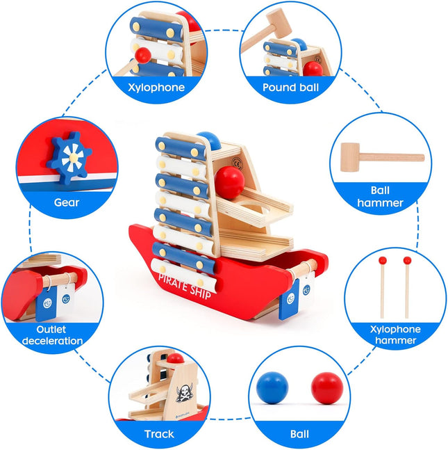 NUKied Montessori Toy from 3 Years, Xylophone and Hammer Game Toy from 2 Years, Model of a Pirate Ship Wooden Toy, Montessori Educational Toy for Girls Boys from 2 3 4 5 Years