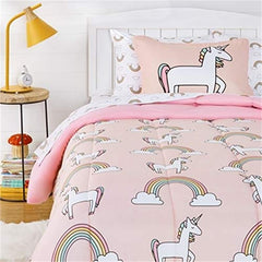 Amazon Basics Kid's Easy Care Microfiber Bed-in-a-Bag 5-Piece Bedding Set, Twin, Unicorns & Rainbows R66B