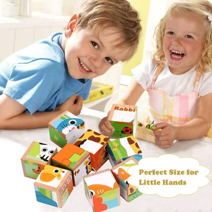 Wooden Puzzles for Kids, 6 in 1 Puzzle Animals 3D Cube Building Block Montessori Games Preschool Educational Toy