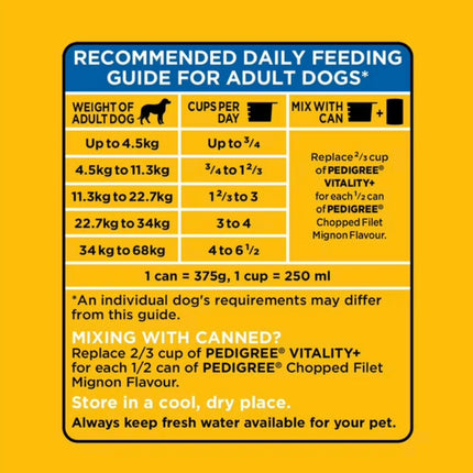 Pedigree Vitality+ Grilled Steak & Vegetable Flavour Dry Dog Food– 20kg bag (bb Feb 2025)