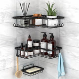2PACK Adhesive Bathroom Shelf w/Soap Holder & Hooks, MATTE BLACK