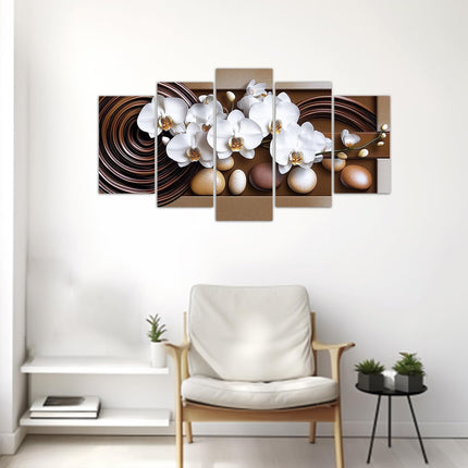 LZIMU Large Flowers Canvas Wall Art 5 Pieces White Orchid Picture Prints Abstract Floral Painting Framed Artwork for Home Bathroom Decor (Brown, 8"x14"x2 8"x18"x2 8"x22"x1)