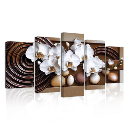 LZIMU Large Flowers Canvas Wall Art 5 Pieces White Orchid Picture Prints Abstract Floral Painting Framed Artwork for Home Bathroom Decor (Brown, 8"x14"x2 8"x18"x2 8"x22"x1)