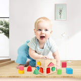 Aomola Wooden Shape Sorting Cube Toys with 13 Colorful Wood Geometric Shape Blocks and Sorter Box,Learning Matching Game for Toddlers,Preschool Educational Learning Toy for Kids T93