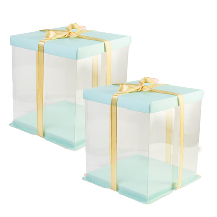 Doppelia 2 Pack Cake/Gift PET Tall Carrier With Lid & Ribbon, Transparent Display Container For Birthday, Wedding, Anniversary
