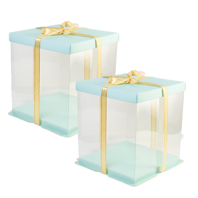 Doppelia 2 Pack Cake/Gift PET Tall Carrier With Lid & Ribbon, Transparent Display Container For Birthday, Wedding, Anniversary