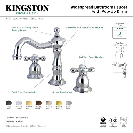 Kingston Brass KS1972AX Heritage Widespread Lavatory Faucet with Metal Cross Handle, Polished Brass, 8-Inch Adjustable Center