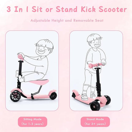 Kids Scooter,Toddler Scooter for Kids 2-5 Years Old,Adjustable Height and Removable Seat,with 3 LED Wheel Outdoor Activities T110