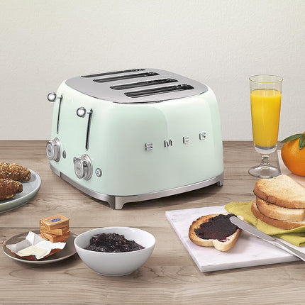 Smeg 50's Style Retro Aesthetic 4 Slice Toaster 6 Presets Extra Wide Slots, Pastel Green, TSF03PGUS
