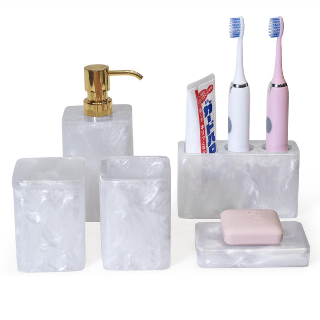 Suanti Bathroom Accessory Sets,5 pcs White Bathroom Decor Sets with Lotion Dispenser, Soap Dish, Tumbler, Toothbrush Holder, Q Tip Holders