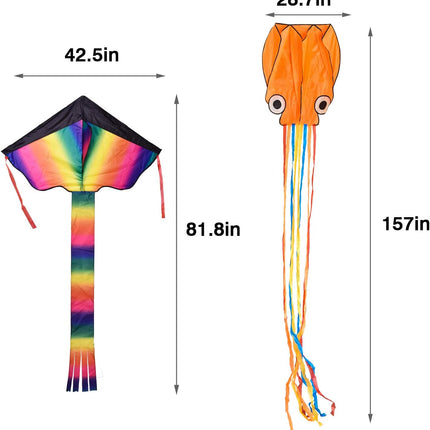 2 Pack Rainbow and Octopus Kites for Kids and Adults, Kids Outdoor Toys for Outdoor Games and Activities