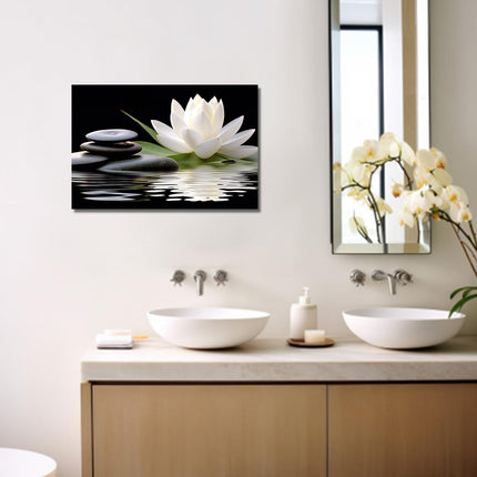 LZIMU Zen Canvas Wall Art White Lotus and Black Zen Stones Bloom in Water Picture Prints for Yoga Spa Meditation Spiritual Room Bathroom Decor (Zen-1, 20"x30")