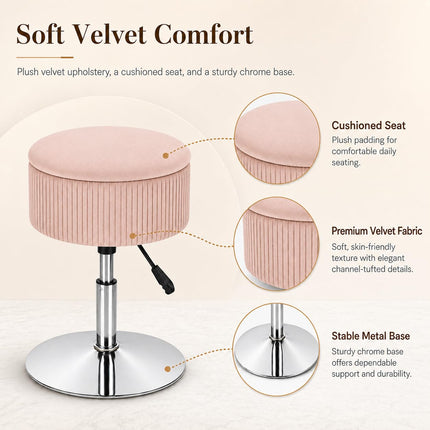 ACEQLYT Adjustable 360° Swivel Storage Stool Velvet Tufted Round Ottoman, PINK