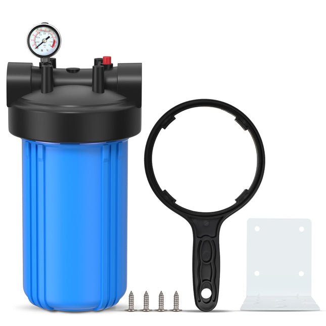 PUREPLUS Whole House Water Filter Housing, 10"x4.5" Sediment Cartridge Universal Housing, Pre-Filtration System, with Pressure Gauge, Blue NPT Port