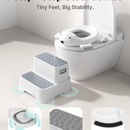 BUNWAG Potty Training Toilet with Toddler Step Stool, Attached Trash Bags and Spout Extender, Portable for Boys Girls Use in Indoor and Outdoor (Kids Potty Seat + Step Stool Set)