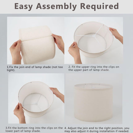Wankaix Set of 2 Drum Lamp Shades Replacements For Table Lamps Easy Assembly, WHITE BIEGE  Natural Linen Fabric SIZE 13"x13"x10"
