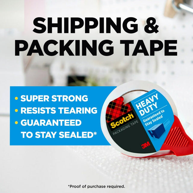 Scotch Heavy Duty Shipping Packing Tape, Clear, 1.88 in. x 38.2 yd., 1 Tape Roll with Dispenser