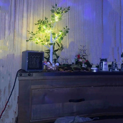 Tabletop LED 18" White Birch Table Tree Light with Artificial Green Leaves