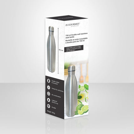 JS Gourmet 750ml Double Wall Stainless Steel Water Bottle with Leak-proof Silicone Cap, Lightweight, Reusable Insulated Metal Bottle, Keeps Beverages Hot or Cold