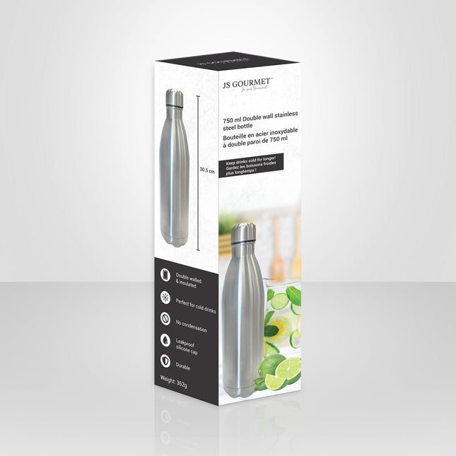 JS Gourmet 750ml Double Wall Stainless Steel Water Bottle with Leak-proof Silicone Cap, Lightweight, Reusable Insulated Metal Bottle, Keeps Beverages Hot or Cold