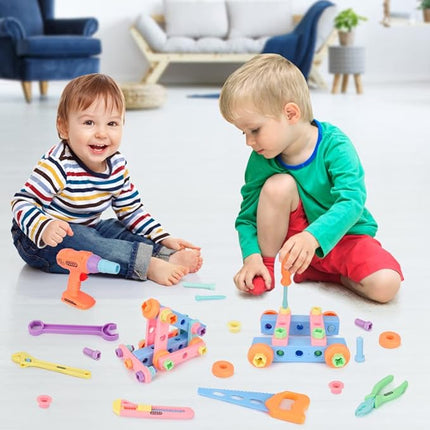 Bee bee Run 79PCS Kids Tool Set with Tool Box & Electronic Toy Drill, Pink STEM Pretend Play Tool Toy T20