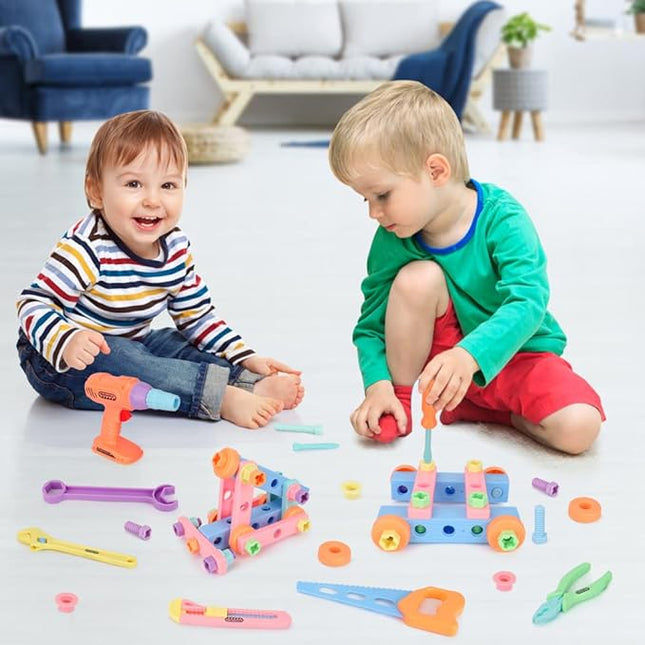 Bee bee Run 79PCS Kids Tool Set with Tool Box & Electronic Toy Drill, Pink STEM Pretend Play Tool Toy T20