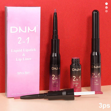 DNM 3PCS Rose red Plum Warm pink Deep cranberry Lip Stain Matte Lip Liner and Lipstick Set Long Lasting Set