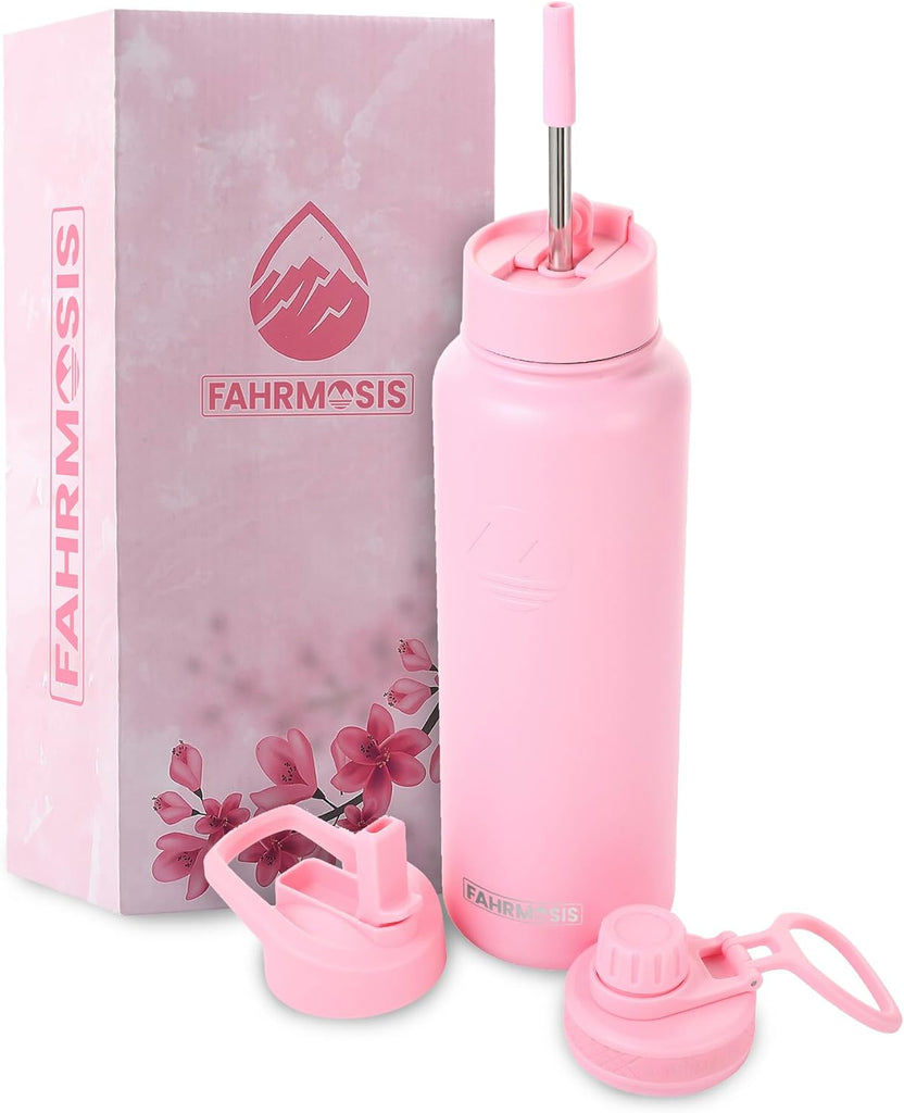 40 Oz Water Bottle with Straw Stainless Steel Sports Water Bottle with 3 Lids (Straw, Chug and Flip Lid) Insulated Leak Proof Metal Jug - Pink