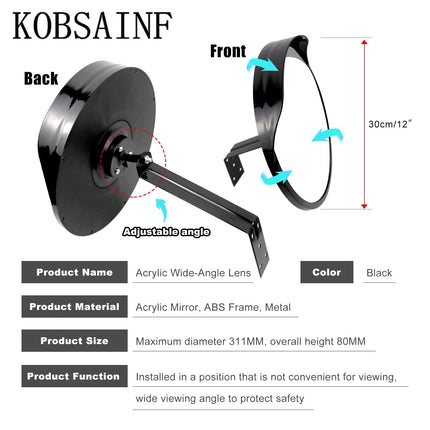 KOBSAINF 12" Convex Mirror Outdoor with Adjustable Wall Fixing Bracket,Driveway Mirror,Blindspot Traffic Mirror for Driveway Garage Park Outdoor Wide Angle View Curved Security Blind Spot Mirrors
