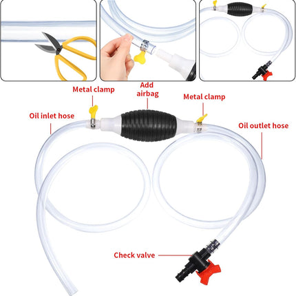 Guiqulai Siphon Pump Kit of 7 Pcs, Fuel Transfer Pump for Gasoline Gas Fluid Fuel Fish Tank, Manual Hand Pump with 2 M Siphon Hose Airbag, Stop Valve, Hose Fastener