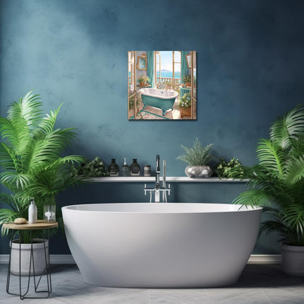 LZIMU Bathroom Wall Decor Teal Bathtub Wall Art Rustic Flower Canvas Prints Sea View from The Window Artwork for Bathroom Restroom Washroom Decor (Bathtub-2, 16"x16")