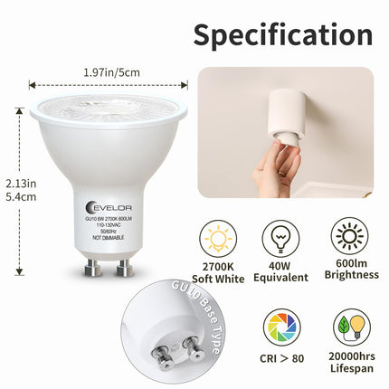 evelor GU10 Dimmable LED Light Bulb 5000K,6W, 600LM, 6-Pack Daylight White