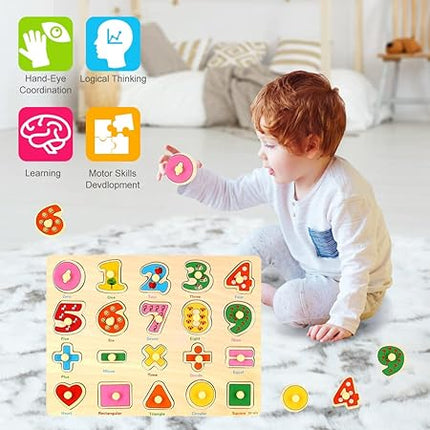 Wooden Peg Puzzles for Toddlers, Toddler Puzzles Set Letters, Numbers, Sea Animals and Vehicles 4 Pack Preschool Educational Learning Toys T77