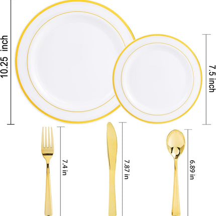 500 Gold Dinnerware Set: 100 Gold Rim Dinner Plates, 100 Salad Plates, 100 Silverware, Heavy Duty
